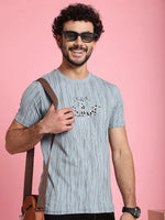 Venitian Men Printed Round Neck Grey Cotton Lycra T-Shirt