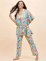 Kurta Pyjama with Kaftan Overlay Set in Blue and Pink Watermelon Print