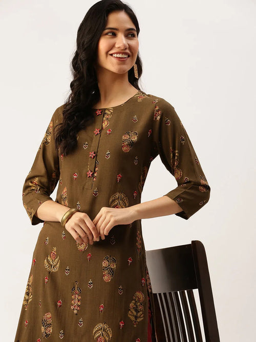 Women's Green Printed Straight Kurtas-GW-2449-Olive