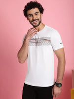 Venitian Men Printed Round Neck White Cotton Lycra T-Shirt