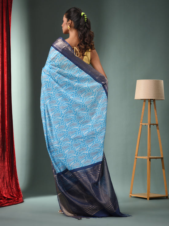 Sky Blue Blended Silk Handwoven Ajrakh Print Saree-MA50BSL34830021