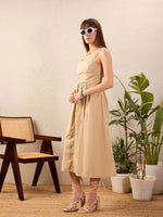 Women Beige Strappy Back Tie Midi Dress