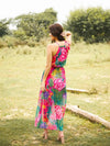 Neck tie up maxi dress in Pink and Green Print