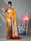 Yellow And Red Katan Silk Banarasi Patli Pallu Saree With Ethnic Motifs And Zari Woven Designs-MA52KA441380062