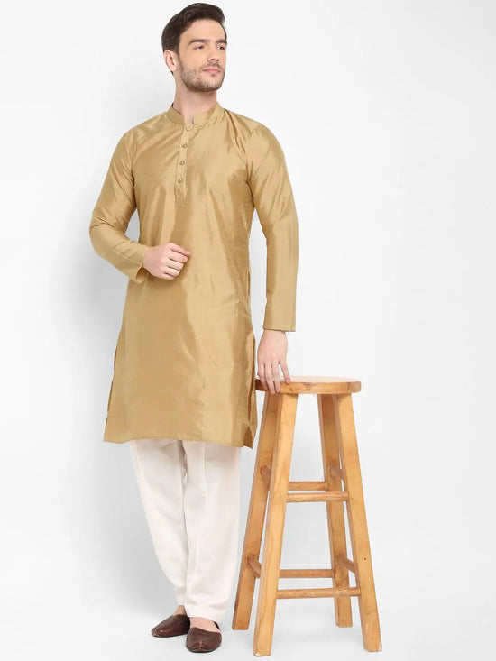 Hangup Men Standard Solid Men's Indian Wear-Khakhi_Dupion_LongKurta