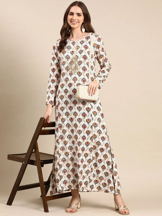 Women's Off White Printed Anarkali Kurta-RF-1775-Offwhite