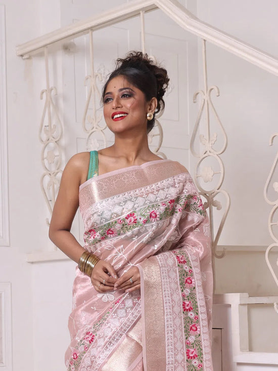 All Over Thread Embroidery Nude Pink Tissue Saree With Zari Borders-MA64TIS461600007