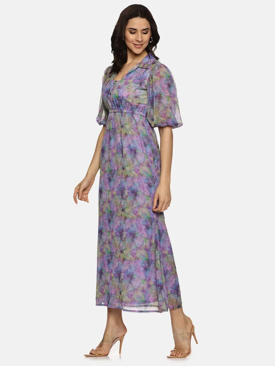 Floral Lavender Shirt Collared Maxi Dress-17346