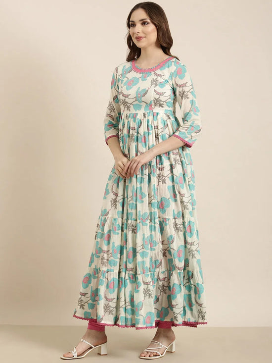 Women Anarkali Turquoise Blue Floral Kurta-ON-744-Turquoiseblue