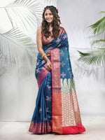 Teal Embroidered Motifs Silk Saree With Zari Borders-MA56BSL44940025