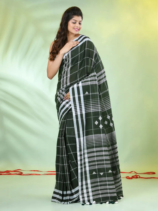 Moss Green Cotton Soft Saree With Checkbox Designs-MA62CT331100057