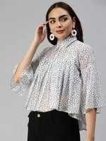 Women White Self Design A-Line Top-AE-7014-Whiteblack