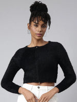 Women Solid Black Crop Cardigan-CHN-M5508-Black