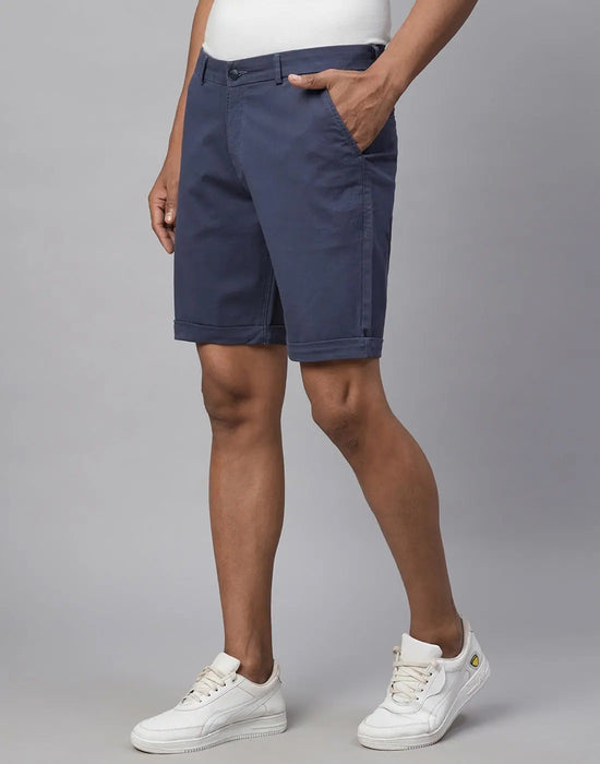 Genips Men's Dark Blue Cotton Lycra Slim Fit Shorts