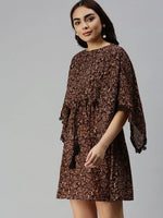 Women's Brown Floral Empire Dress-AE-9916-Brown