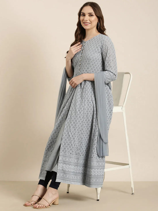 Women Anarkali Grey Embellished Kurta Comes with Dupatta & Detachable Inner Lining-UB-2449-Grey