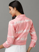 Women's Pink Colourblock Denim Jacket-AE-0174-Pink