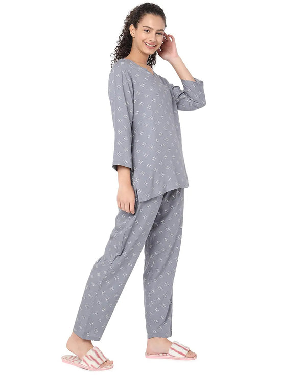 Smarty Pants Women's Cotton Pastel Grey Polka Dot Print Night Suit