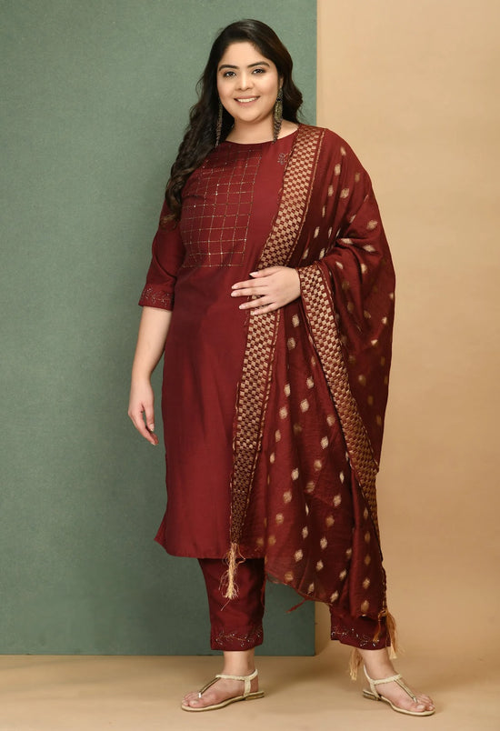 Plus Size Embellished Kurta Pant Set With Dupatta-DN305MAROONXXL