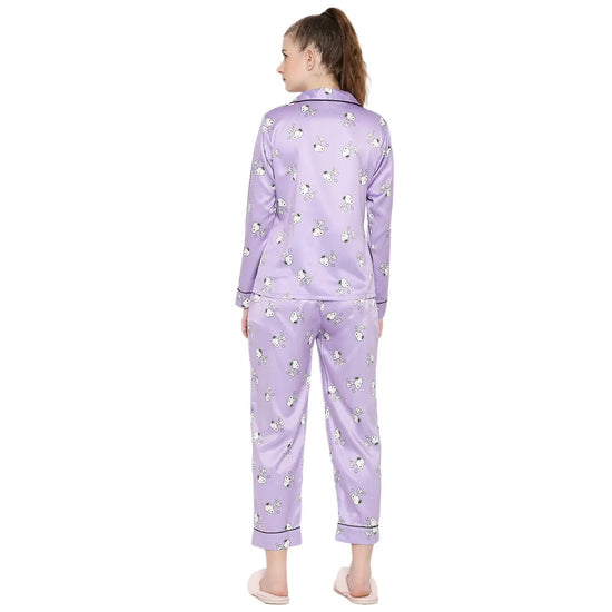 Smarty Pants Women's Silk Satin Lilac Color Snoopy Print Full Sleeves Night Suit