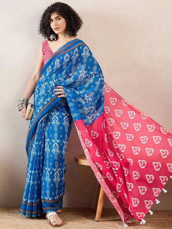 Ahika Women Blue Linen Ikat Printed Saree-VFSAR1027