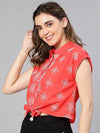 Summer Red Floral Print Tie-Knotted Women Cotton Shirt