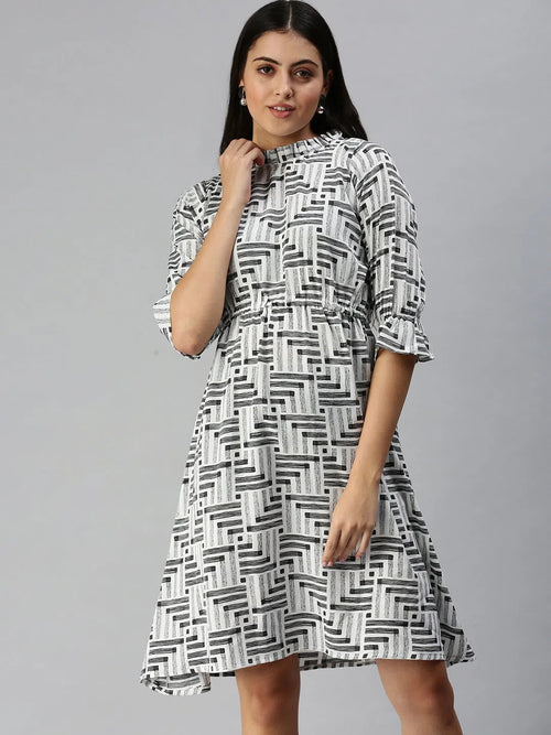 Women White Printed A-Line Dress-AE-9924-Whiteblack