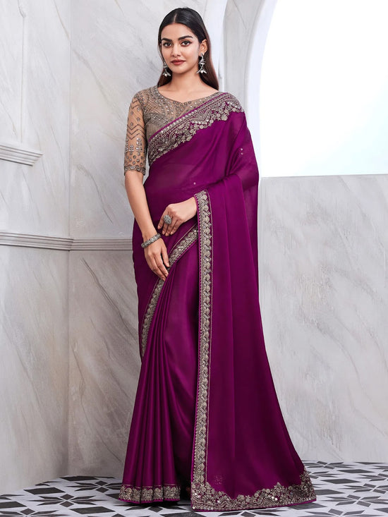 Saree Mall Women's Satin  Magenta Embellished Designer Saree With Blouse Piece-SILVER29015