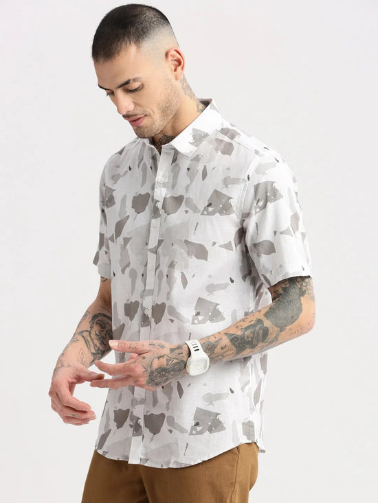 Men Spread Collar Abstract White Casual Shirt-NAHAR-2161-White