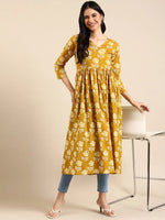 Women's Yellow Printed A-Line Kurta-SKF-080-4-Mustard