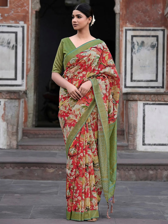 Saree Mall Women's Linen Blend Red Printed Designer Saree With Blouse Piece-NITRA304