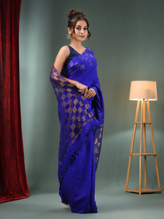 Royal Blue Matka Handwoven Saree With Check Box Designs-MA50MT062200065