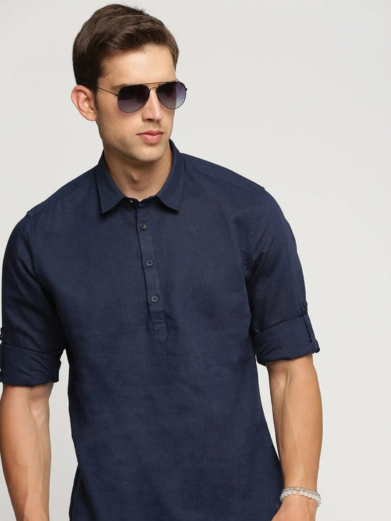 Men Navy Blue Solid Shirt Collar Casual Short Kurta-LAGOM-2013-Navyblue