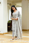 Vaasva Women Grey Linen Embroidered Solid Kurta Set With Solid Pants & Chiffon Embroidered Dupatta-142-Vaas-Grey