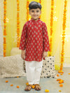 BownBee Boys Pure Cotton Printed Kurta Pajama with Jacket - Red