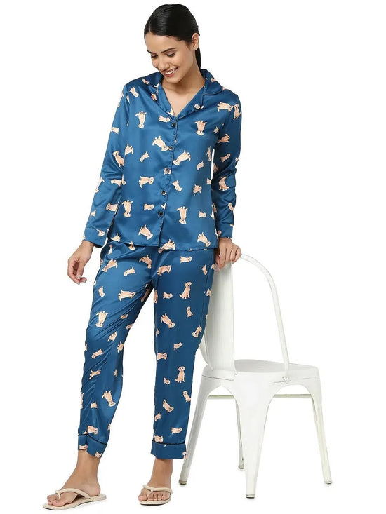 Smarty Pants Women's Silk Satin Teal Blue Color Dog Print Night Suit