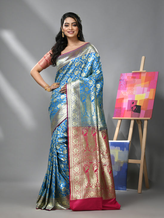 Sky Blue Silk Banarasi Saree With Zari Woven Floral And Paisley Designs-MA52BSL441050045