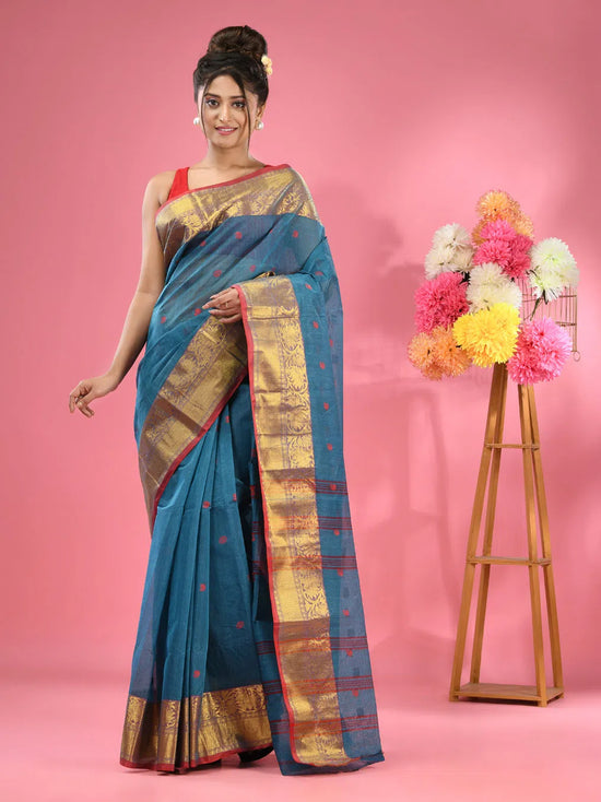 Olympic Blue Pure Cotton Tant Saree With Zari Border-MA51TT43540052