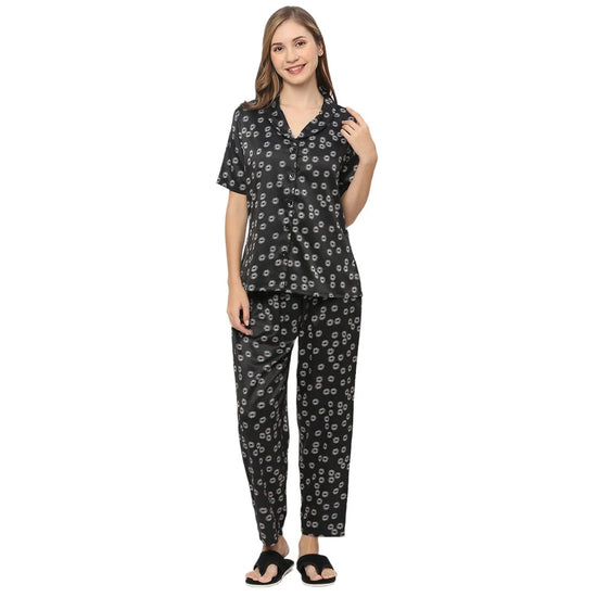 Smarty Pants Women's Silk Satin Black Color Floral Print Night Suit