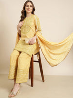 Women Straight Yellow Floral Kurti and Palazzos Set Comes With Dupatta-GW-3270-Yellow