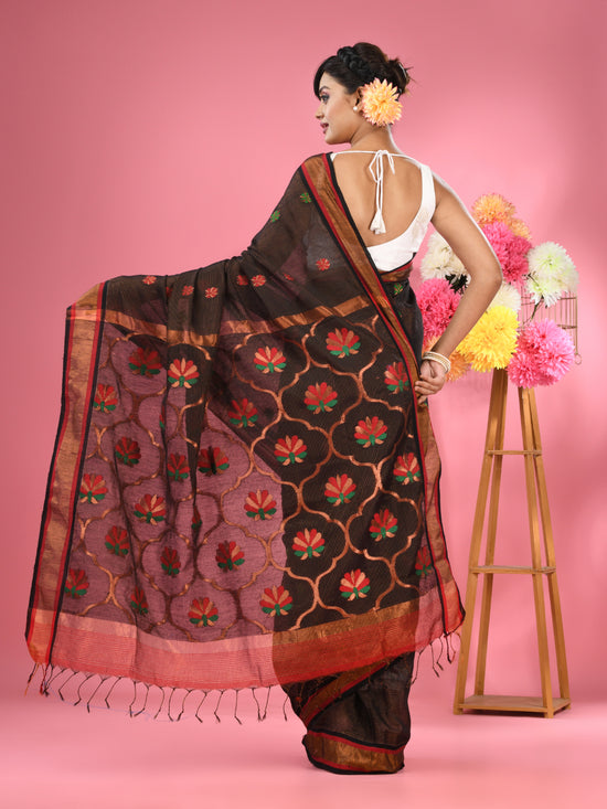 Black Cotton Blend Handwoven Saree With Zari Border-MA51BCT431600005