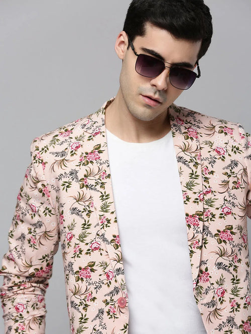 Men Pink Printed Blazer-SOBLZ-293-Peach