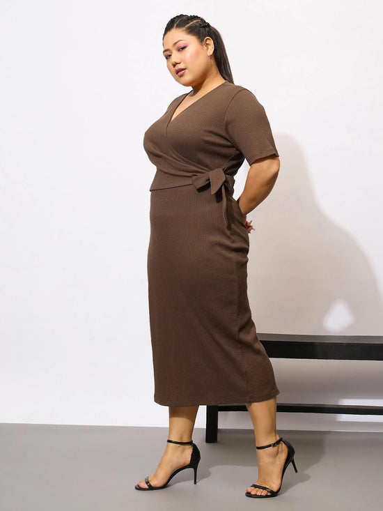 Women Brown Rib Side Knot Bodycon Midi Dress