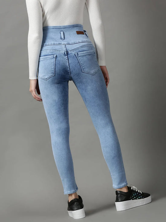 Women's Blue Solid Skinny Fit Denim Jeans-GZ-5318-Blue