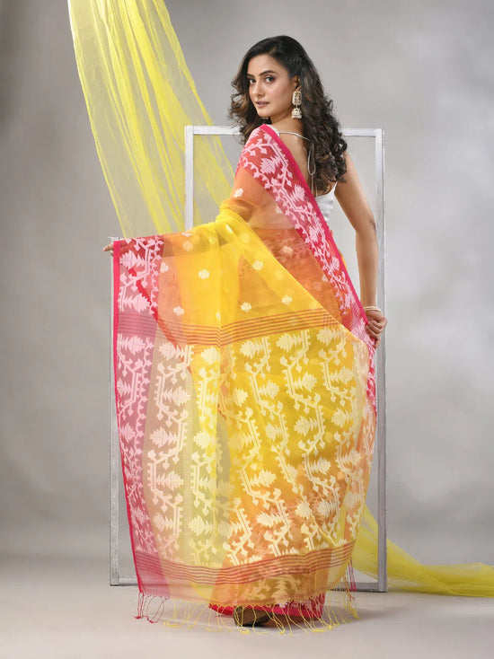 Yellow Muslin Saree With Jamdani Designs-MA57MS331760013