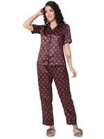 Smarty Pants Women's Silk Satin Brown Color Aztec Printed Night Suit