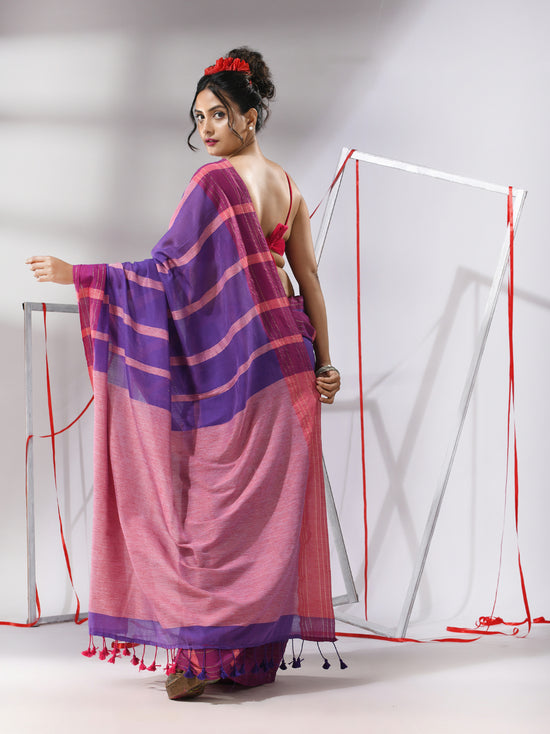 Blue Cotton Saree With Stripes Pattern-MA55CT06540089