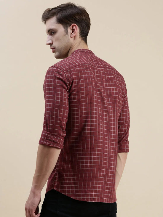 Men Maroon Checked Casual Shirt-LAVINIA-1111-Maroon