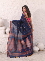 Navy Blue Cotton Saree With Woven Designs And Zari Border-MA54BCT041380040