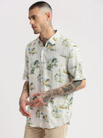 Men Spread Collar Animal Off White Casual Shirt-ZEPTO-2222-Offwhite